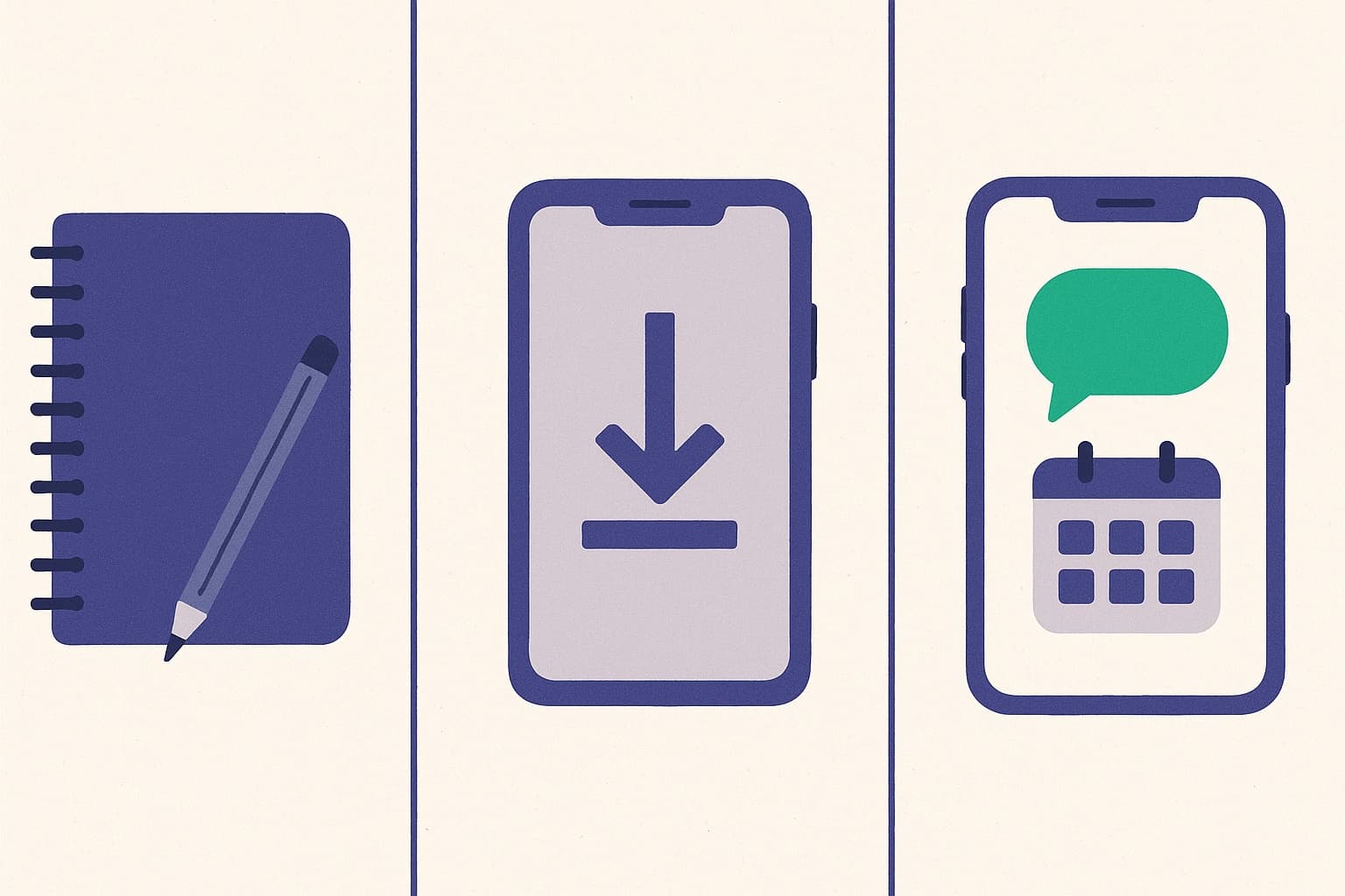 Três caminhos para gerenciar agendamentos: agenda de papel, aplicativo que exige download e WhatsApp com IA e agenda integrada