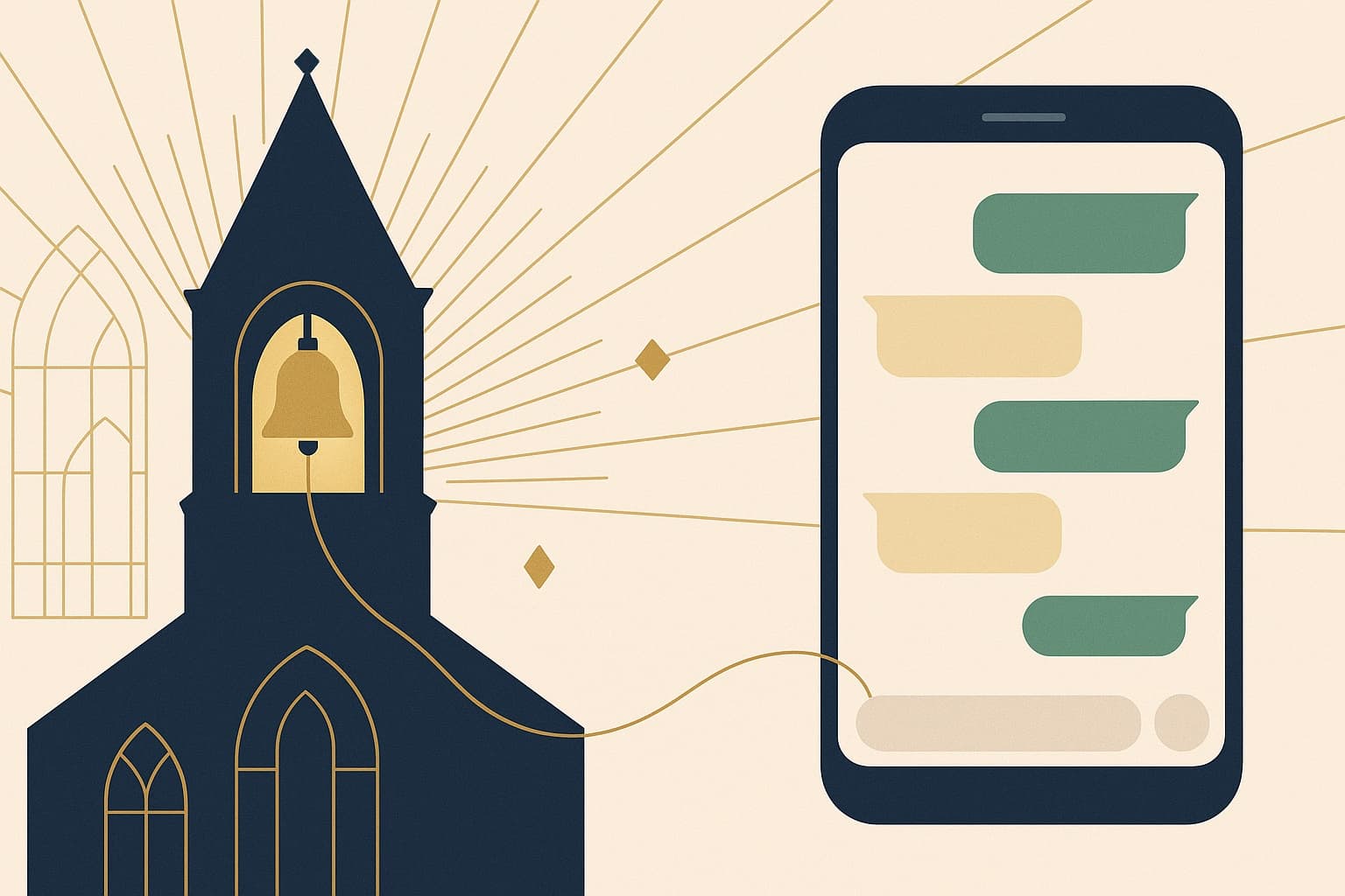 Torre de igreja conectada por um traço dourado a uma conversa de WhatsApp